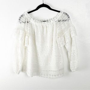 PARKER Jordanna White Crochet Lined Body Sheer Long Ruffle Sleeves Blouse XS